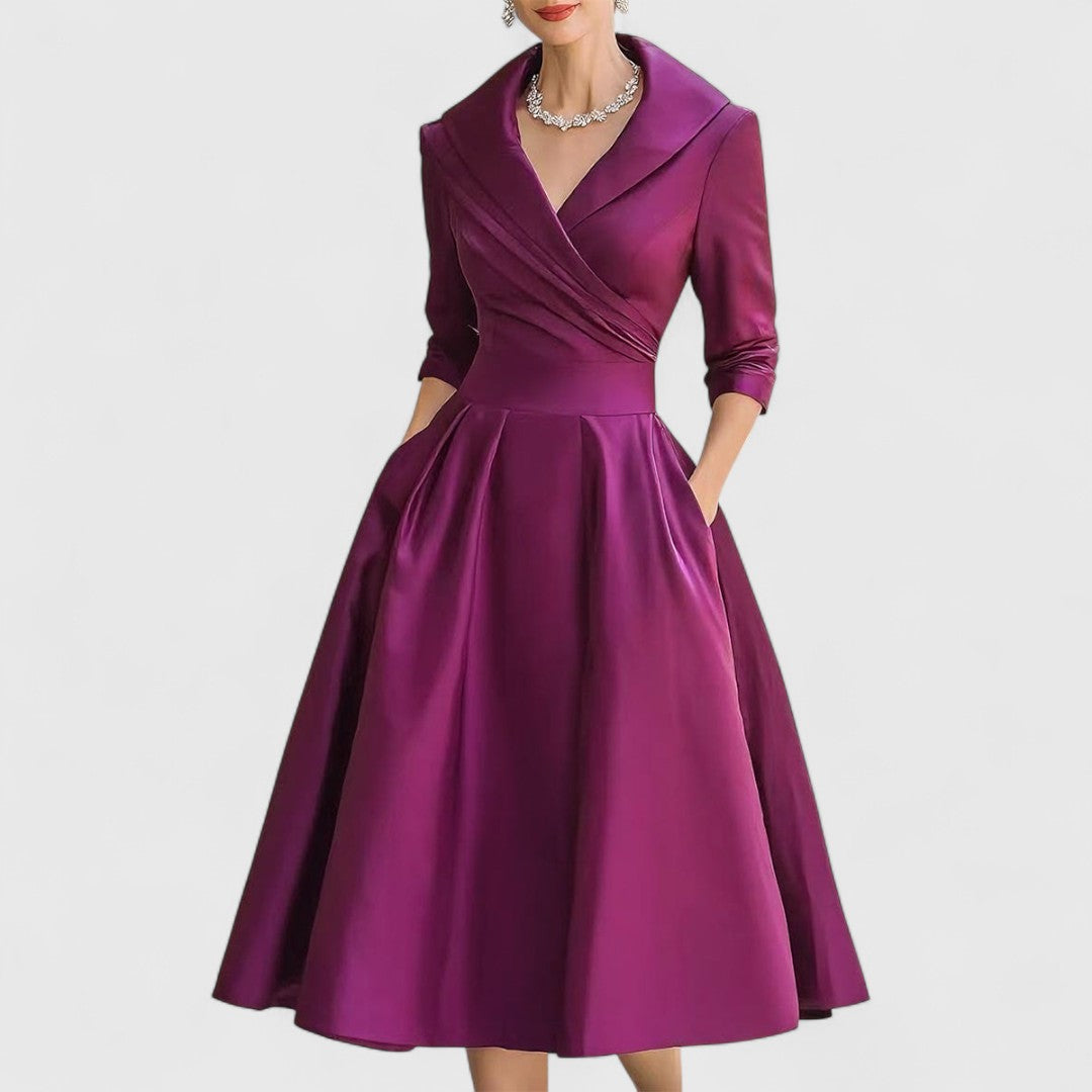 Colette | Elegant Satin Midi Dress with Pleated Skirt