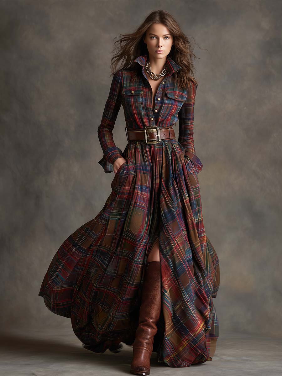 Savannah | Elegant Plaid Maxi Shirt Dress