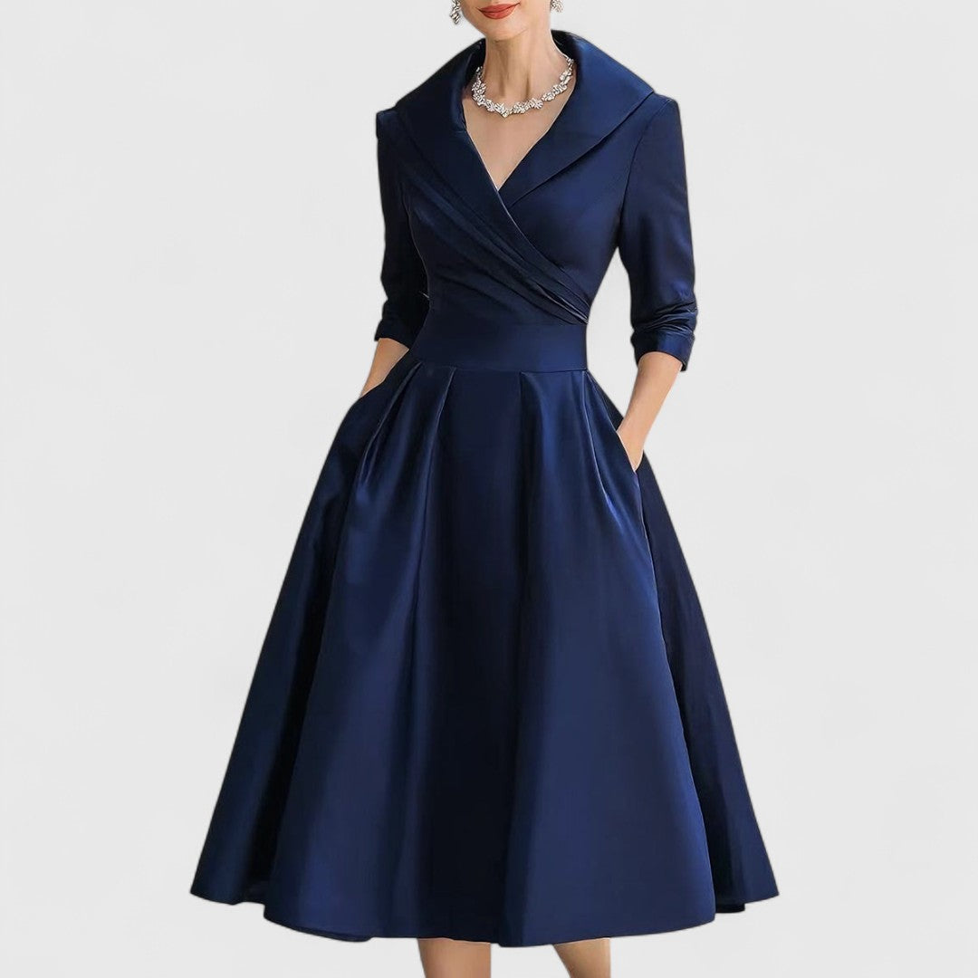 Colette | Elegant Satin Midi Dress with Pleated Skirt