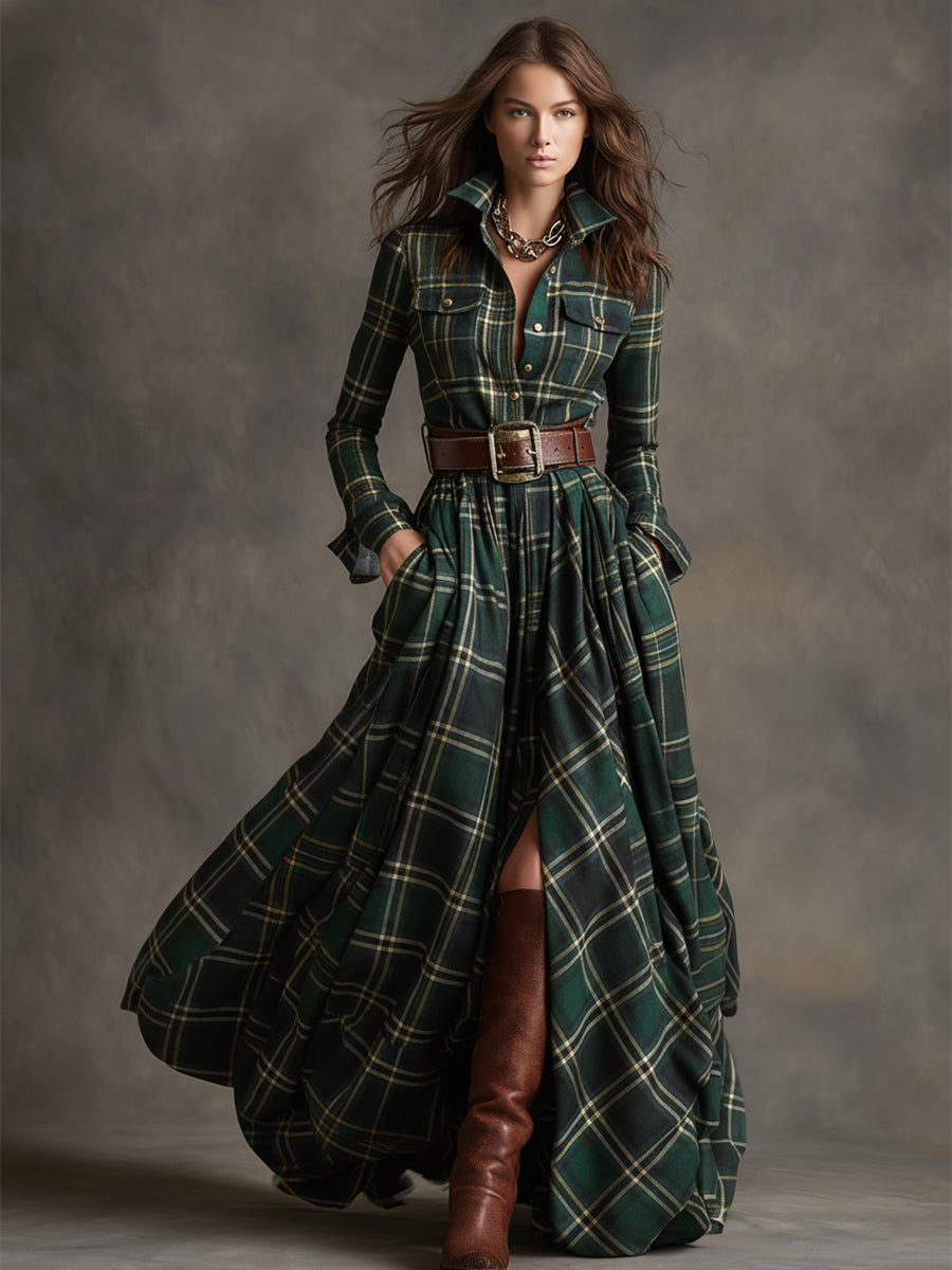 Savannah | Elegant Plaid Maxi Shirt Dress