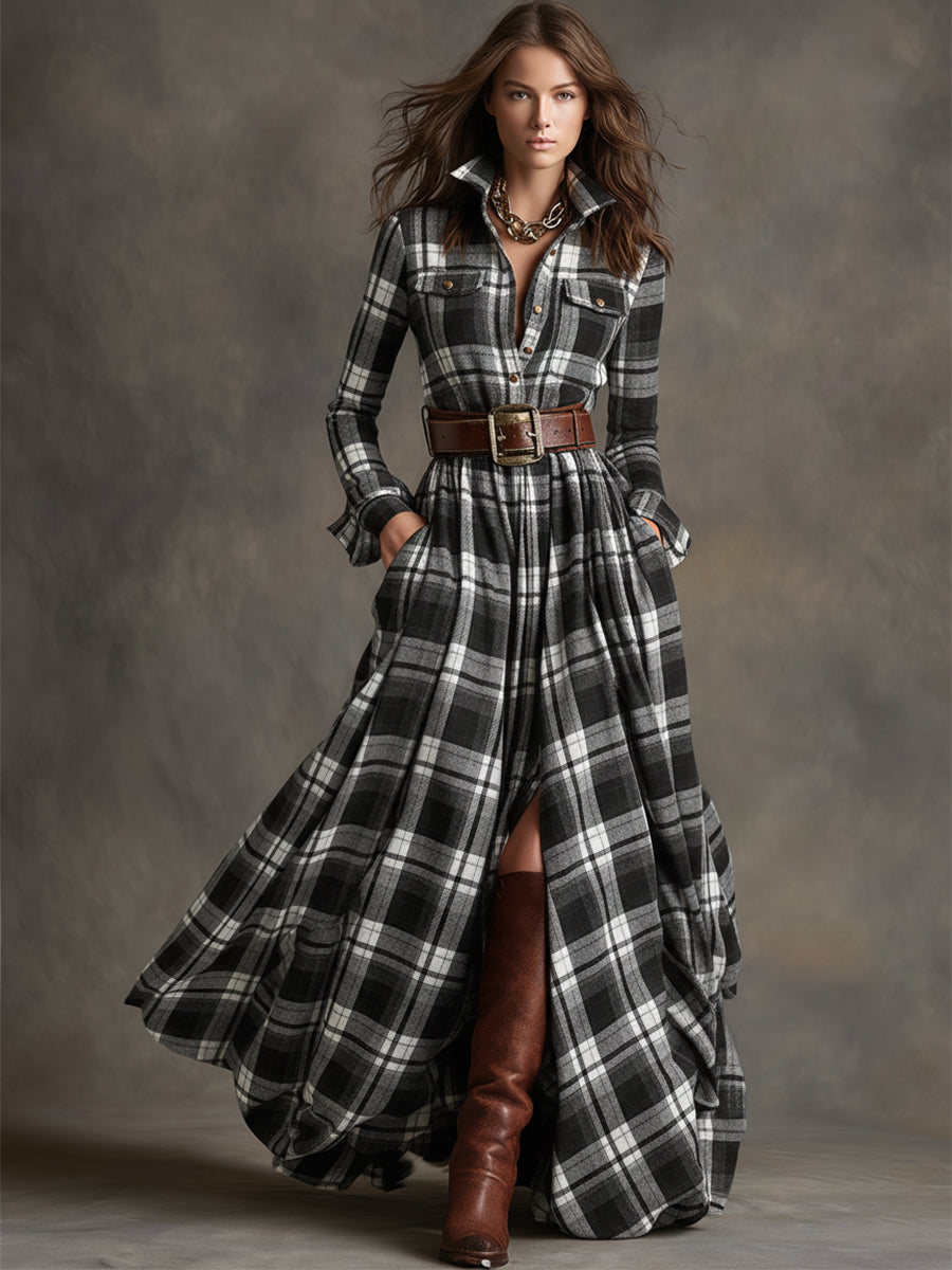 Savannah | Elegant Plaid Maxi Shirt Dress