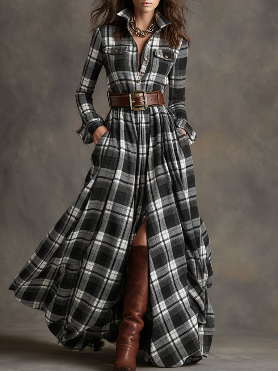 Savannah | Elegant Plaid Maxi Shirt Dress