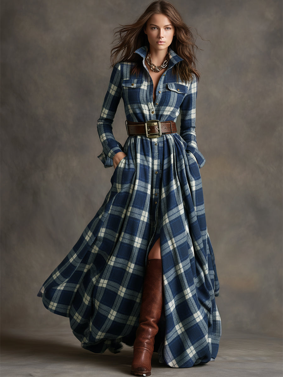 Savannah | Elegant Plaid Maxi Shirt Dress