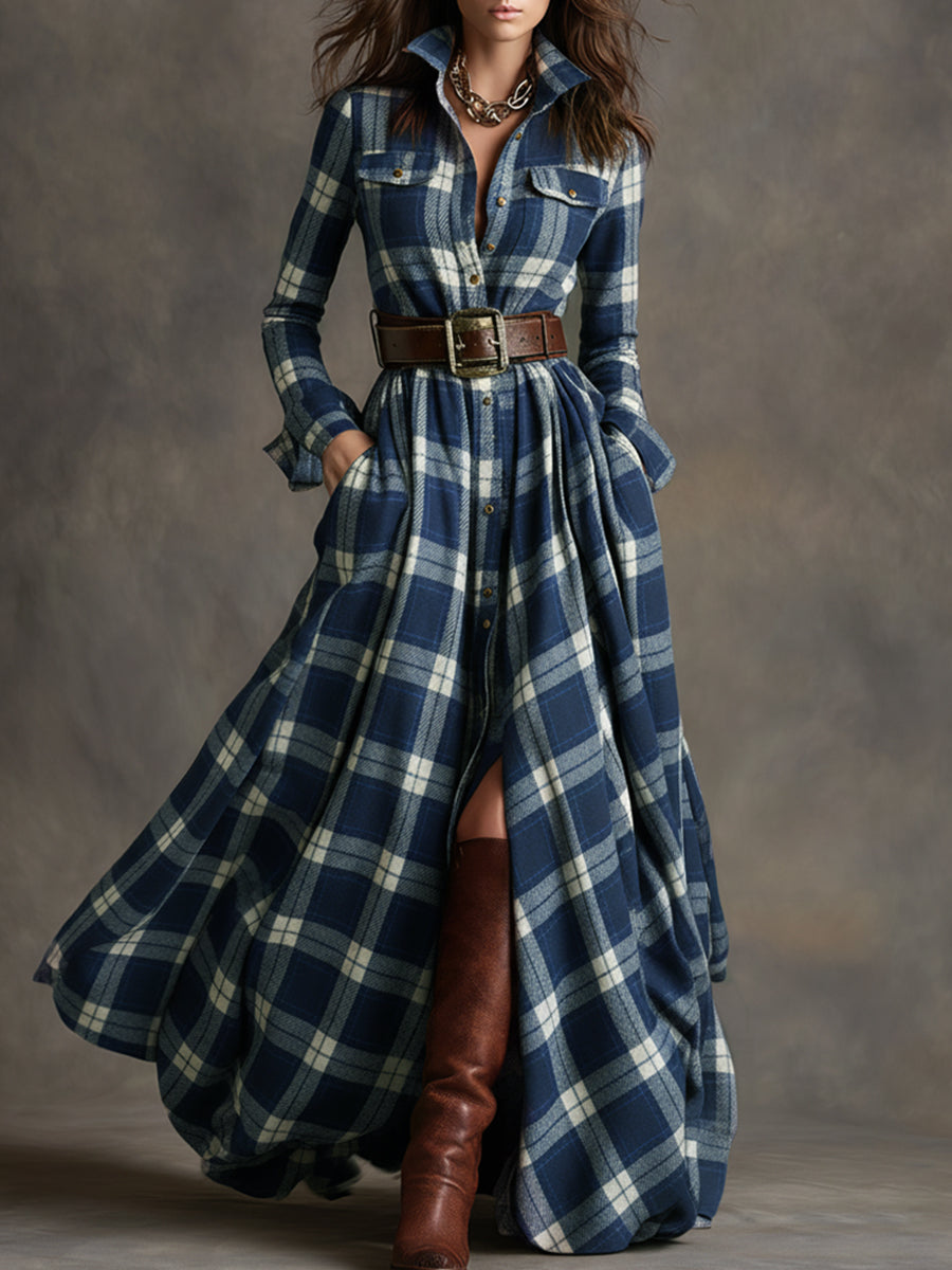Savannah | Elegant Plaid Maxi Shirt Dress
