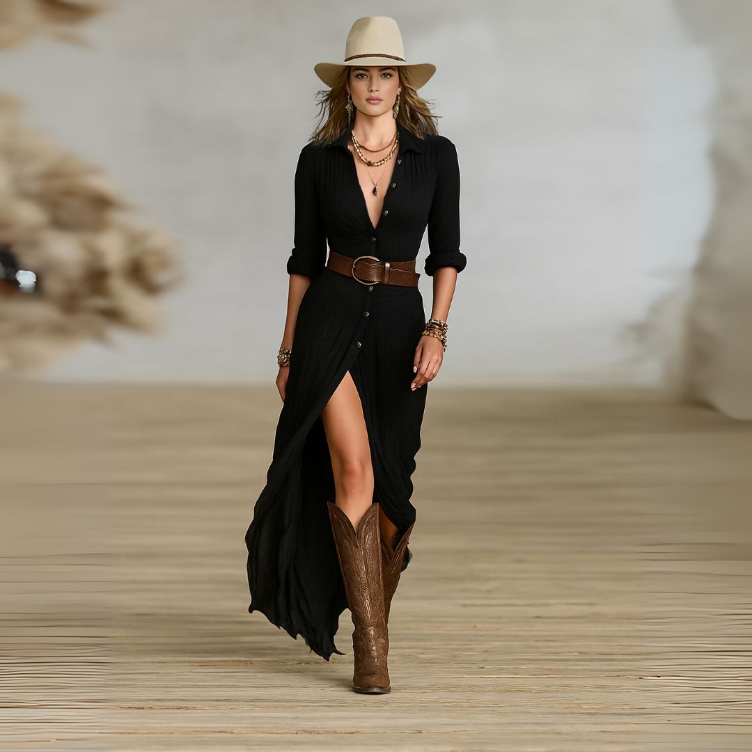 Soline | Boho Button-Down Maxi Dress with Belt