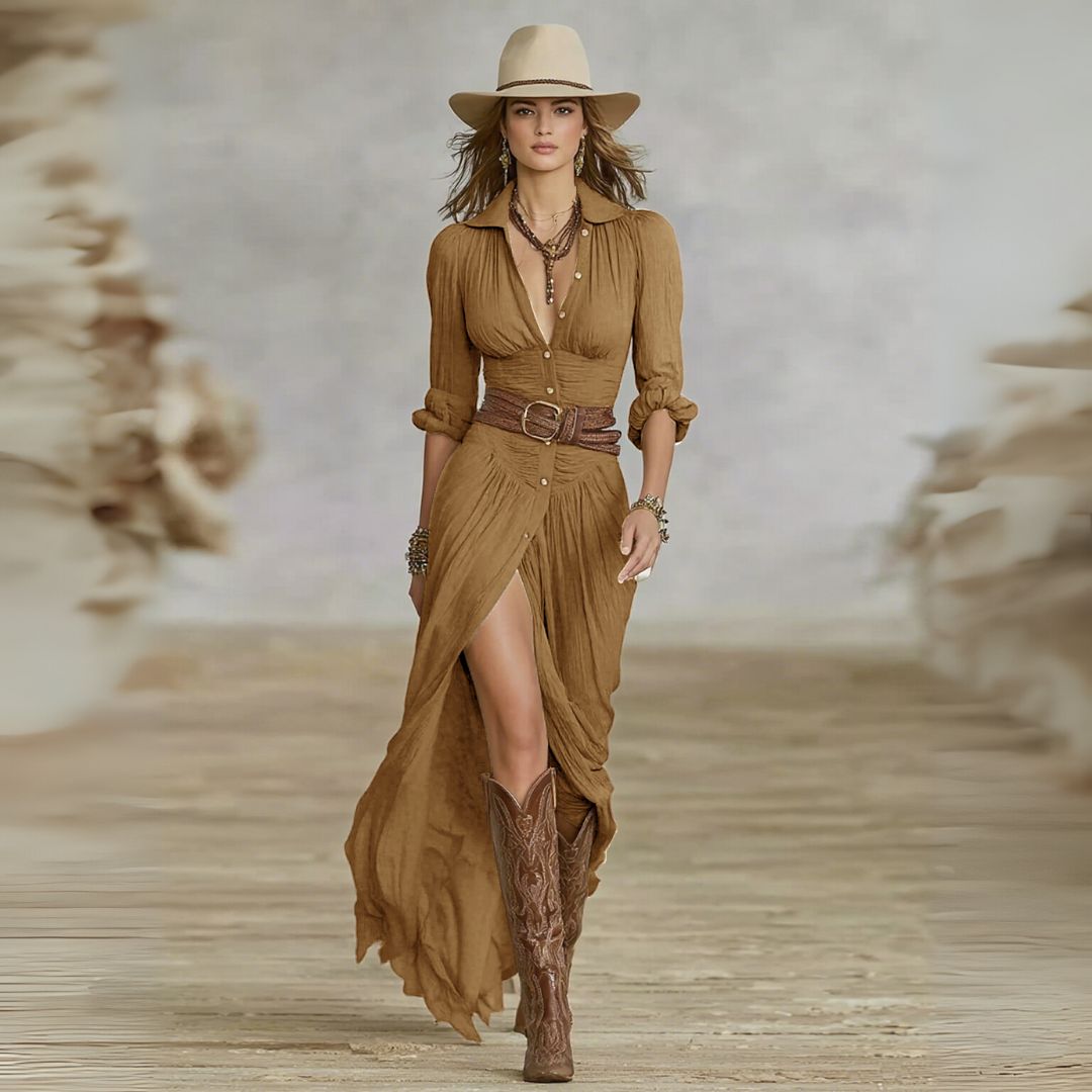 Soline | Boho Button-Down Maxi Dress with Belt