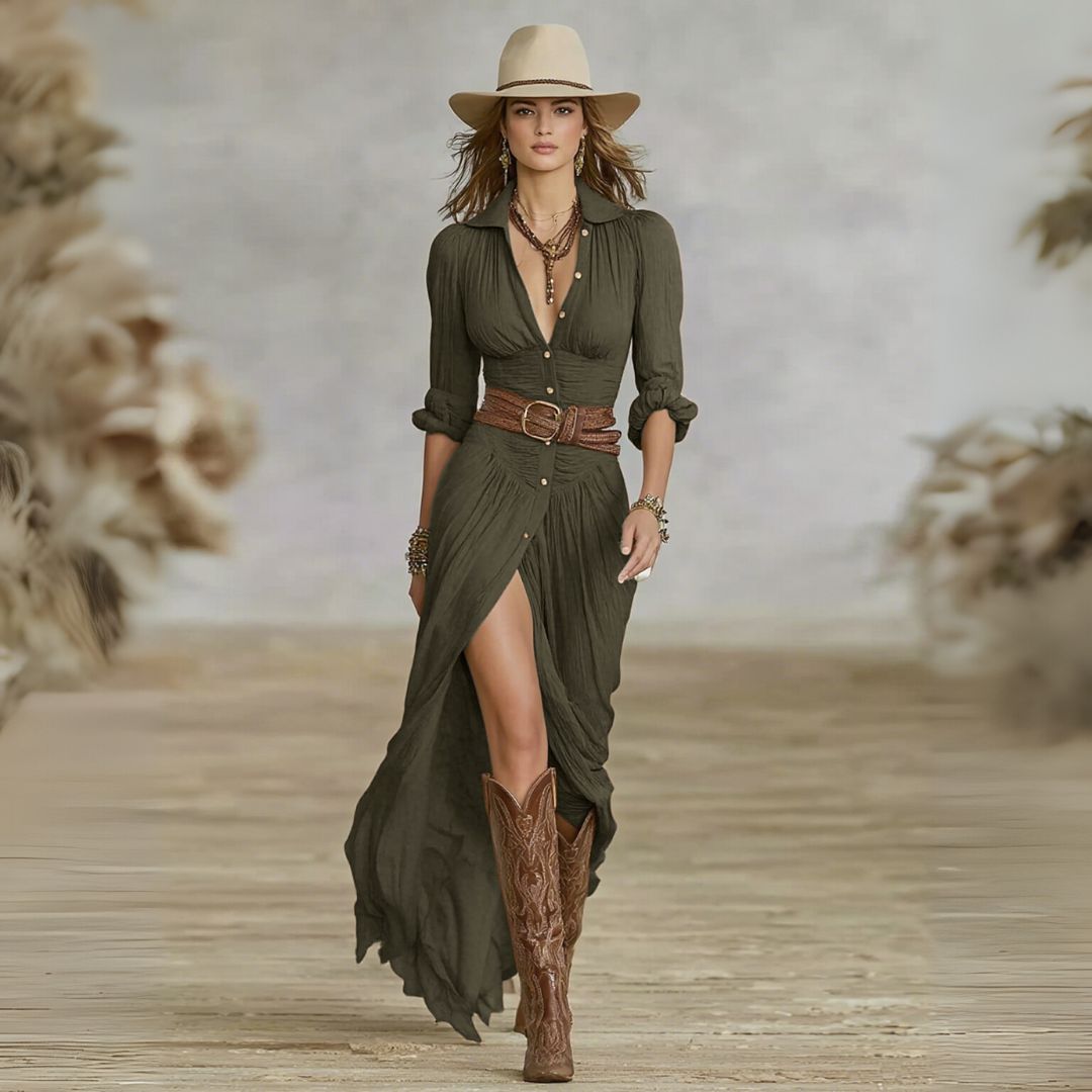 Soline | Boho Button-Down Maxi Dress with Belt