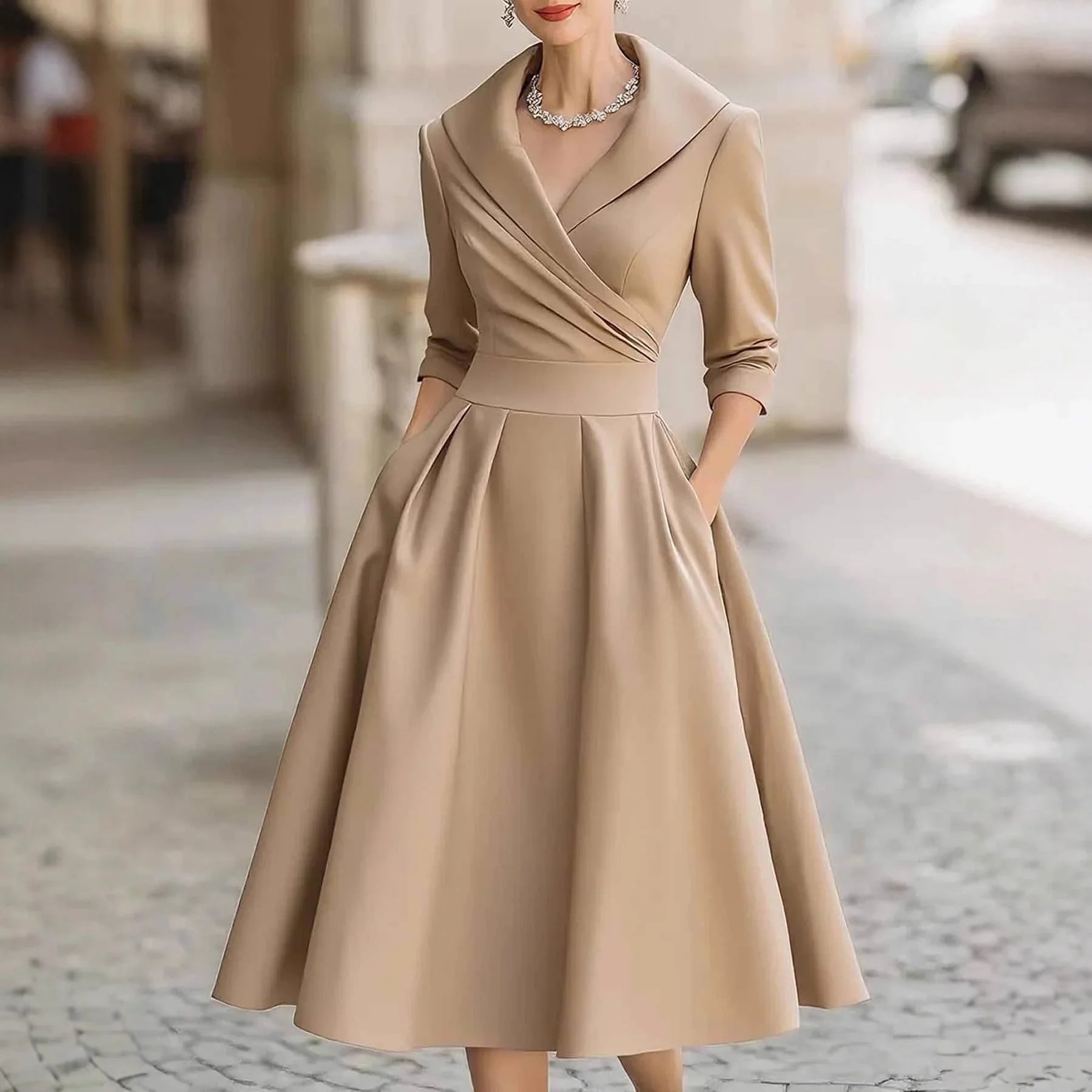 Colette | Elegant Satin Midi Dress with Pleated Skirt